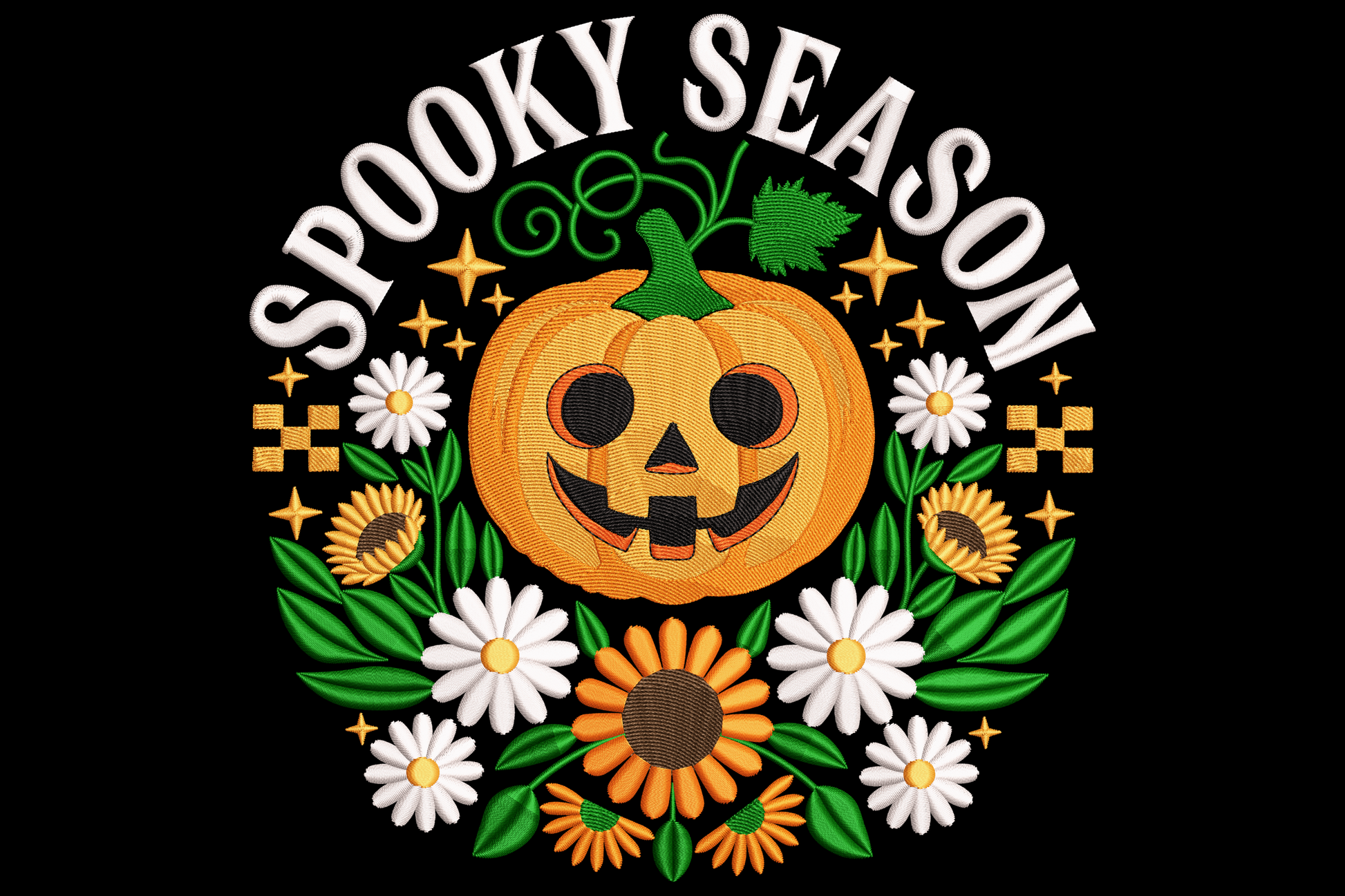 Spooky Season Pumpkin embroidery design, carved Jack-o-lantern with inner glow effect, eight-colour Halloween theme, 3.42 by 3.51 inch near-square format.