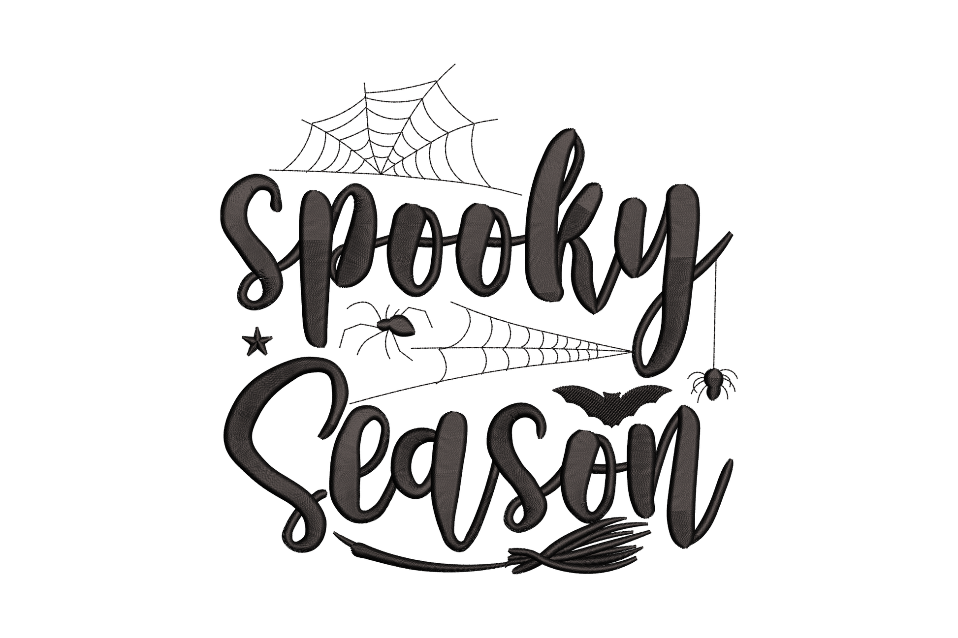 Spooky season script embroidery, bold cursive lettering with spider web, bat and broom, charcoal black, 6 sizes.