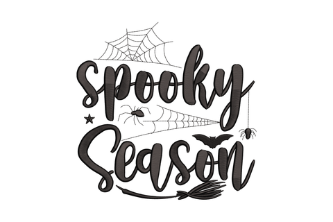 Spooky season script embroidery, bold cursive lettering with spider web, bat and broom, charcoal black, 6 sizes.
