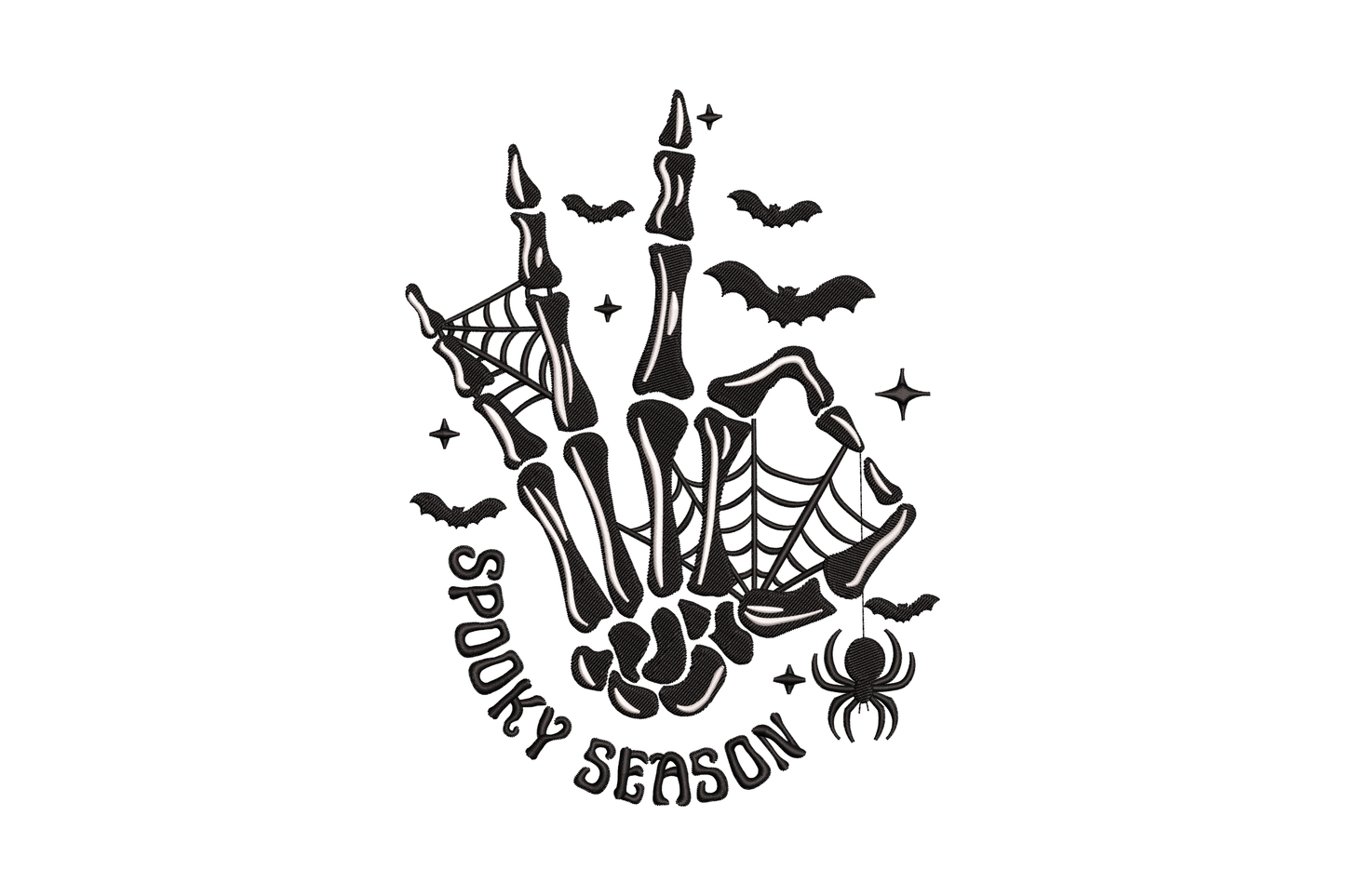 Skeleton hand reaching up embroidery with bone joints and spooky season text in bone white, charcoal and dusty purple.