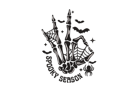 Skeleton hand reaching up embroidery with bone joints and spooky season text in bone white, charcoal and dusty purple.