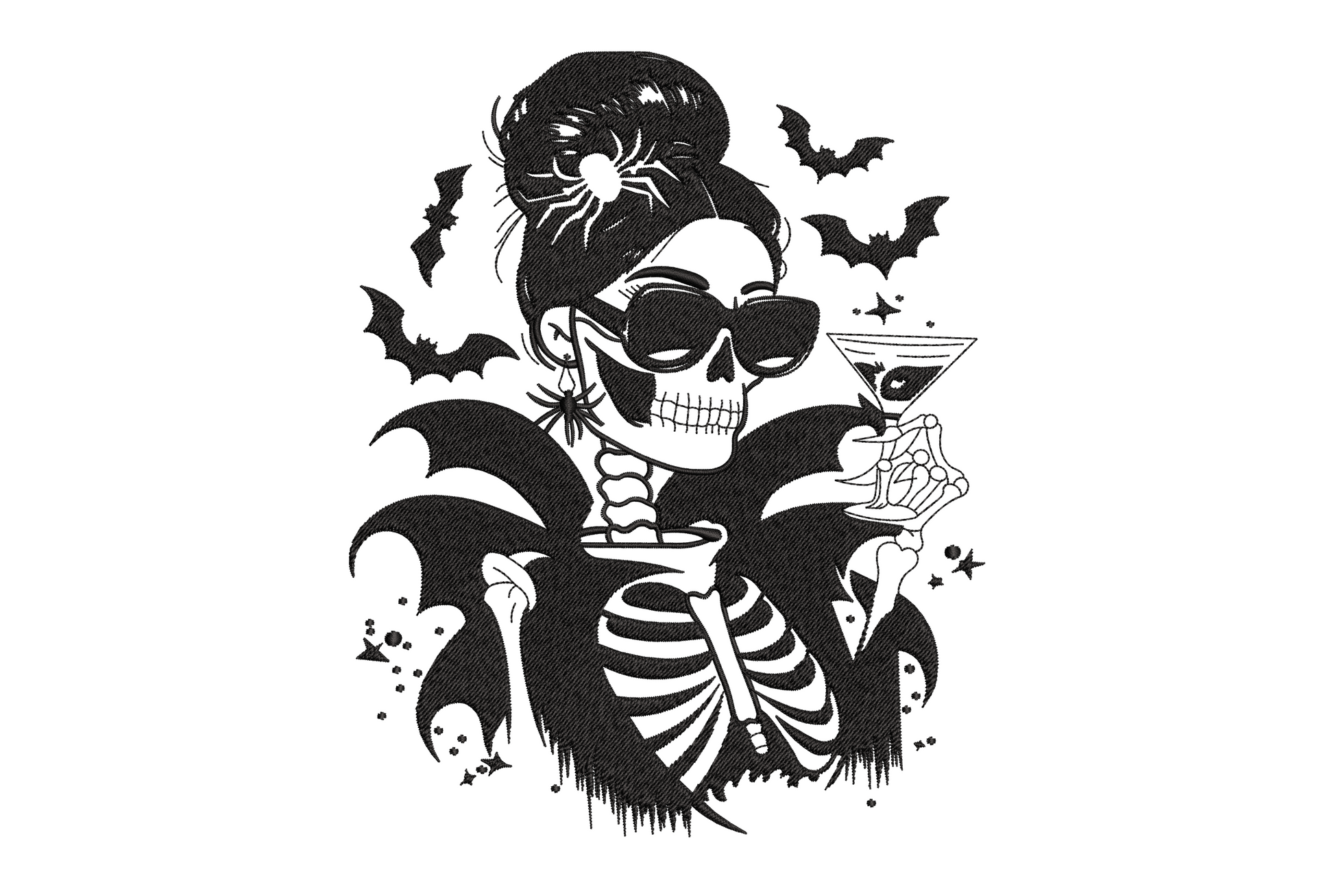 Spooky skeleton girl cocktail Halloween embroidery, solid black silhouette with cocktail glass, 6 sizes to 7.5 inches wide