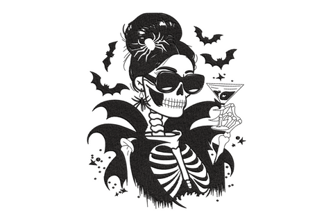 Spooky skeleton girl cocktail Halloween embroidery, solid black silhouette with cocktail glass, 6 sizes to 7.5 inches wide