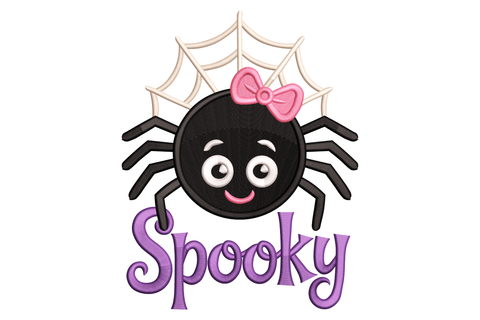 Cartoon Halloween spider with spread legs and satin body, five colours including black and burgundy, portrait orientation, 2.77 by 3.5 inches embroidery design