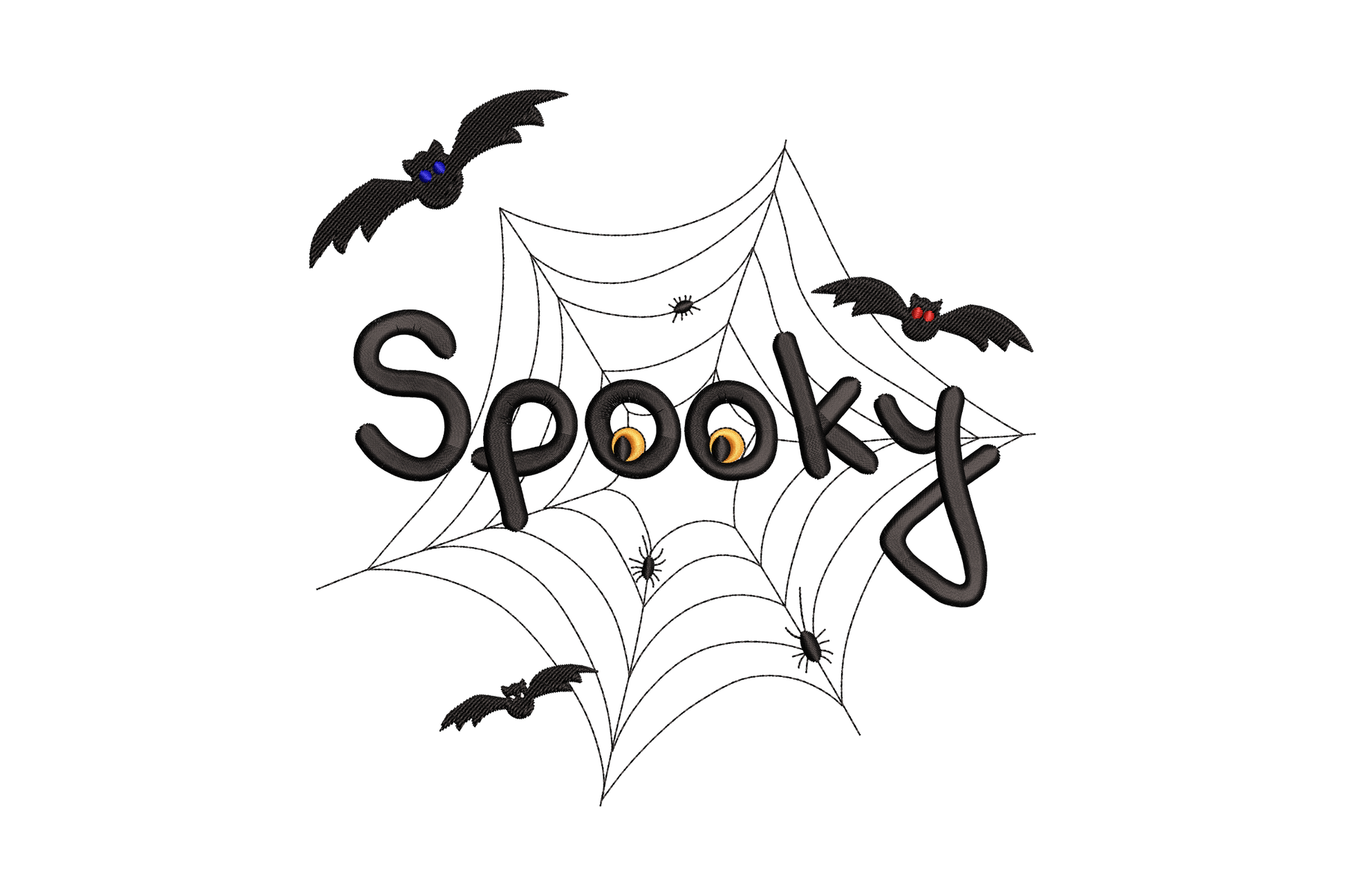 Spooky spider web and bats embroidery with chunky lettering inside a detailed web, bats in flight, orange eye accents, 5 colours on black.
