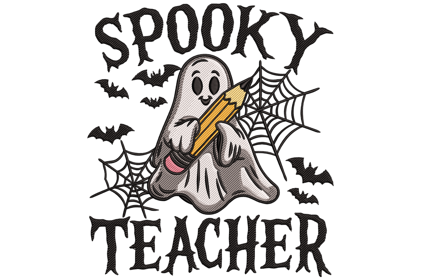 Spooky teacher ghost embroidery design showing a cartoon ghost in round glasses holding an apple in white black red gold grey and teal on white background.