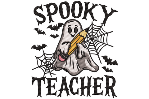 Spooky teacher ghost embroidery design showing a cartoon ghost in round glasses holding an apple in white black red gold grey and teal on white background.