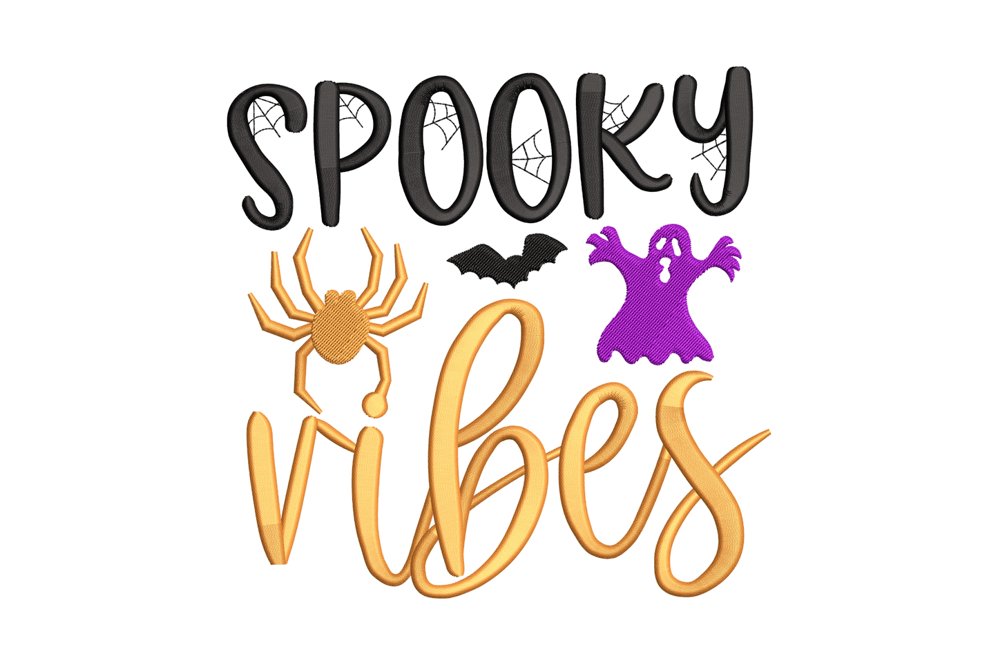 Spooky Vibes Halloween embroidery with black cobweb block letters, orange script, orange spider, black bat and purple ghost.