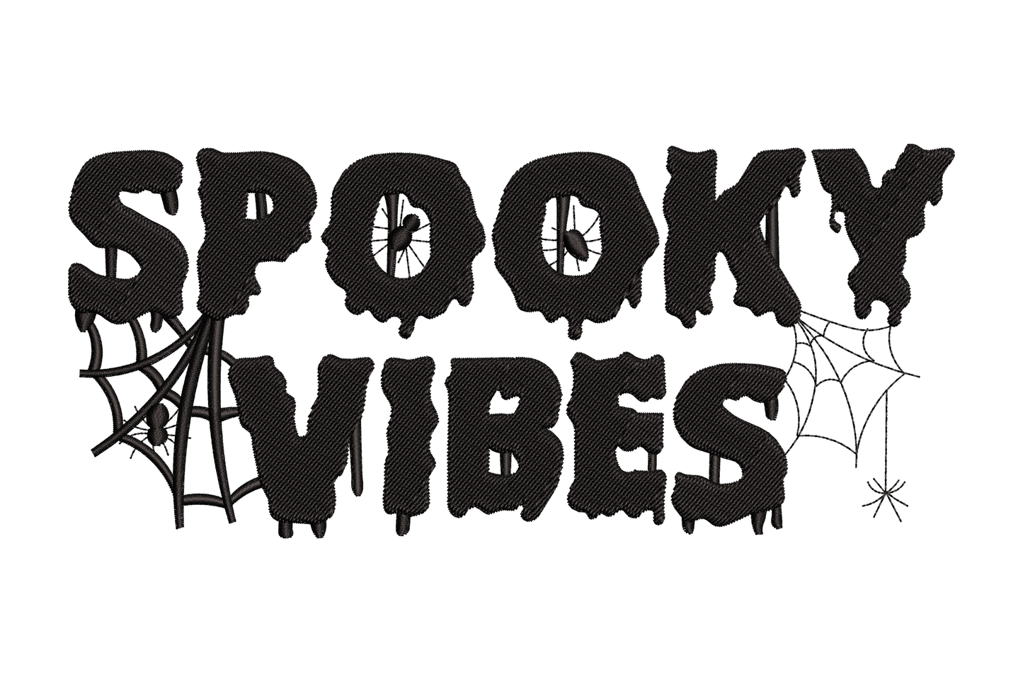 Vertical halloween text reading spooky vibes stacked top to bottom in wobbly drippy melting letterform style, single solid colour satin fill.