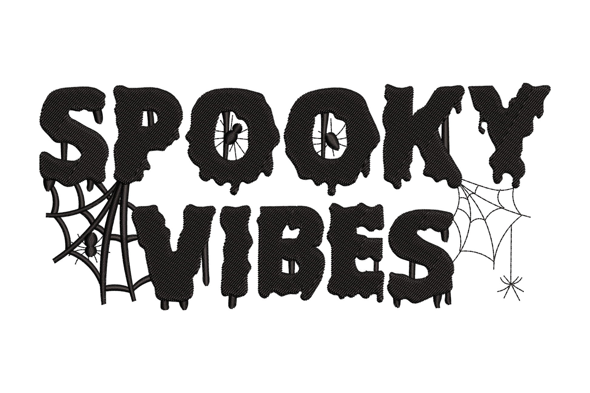 Vertical halloween text reading spooky vibes stacked top to bottom in wobbly drippy melting letterform style, single solid colour satin fill.