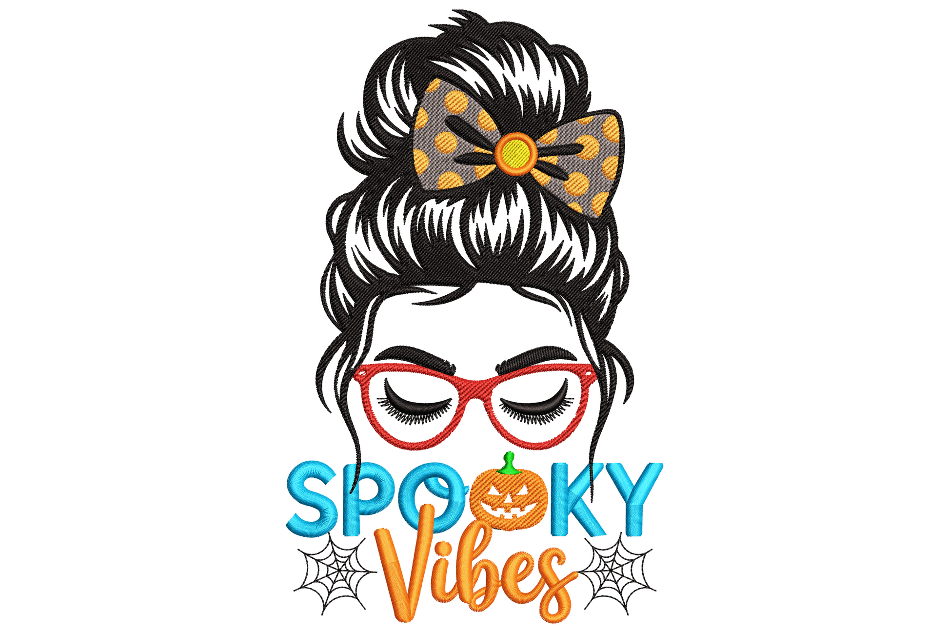 Spooky vibes halloween mom text design with bat and star accents, orange black and purple palette, wide low profile machine embroidery design for women's shirts.