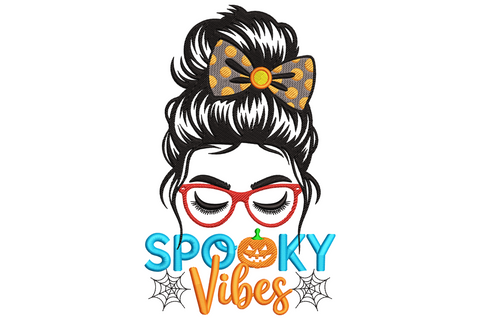 Spooky vibes halloween mom text design with bat and star accents, orange black and purple palette, wide low profile machine embroidery design for women's shirts.
