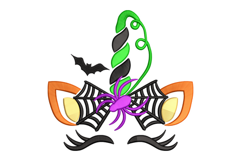 Kawaii unicorn cat face embroidery design with twisted witch hat, orange spider web eyes, purple spider, neon green horn vine, and flying bat accent on white background
