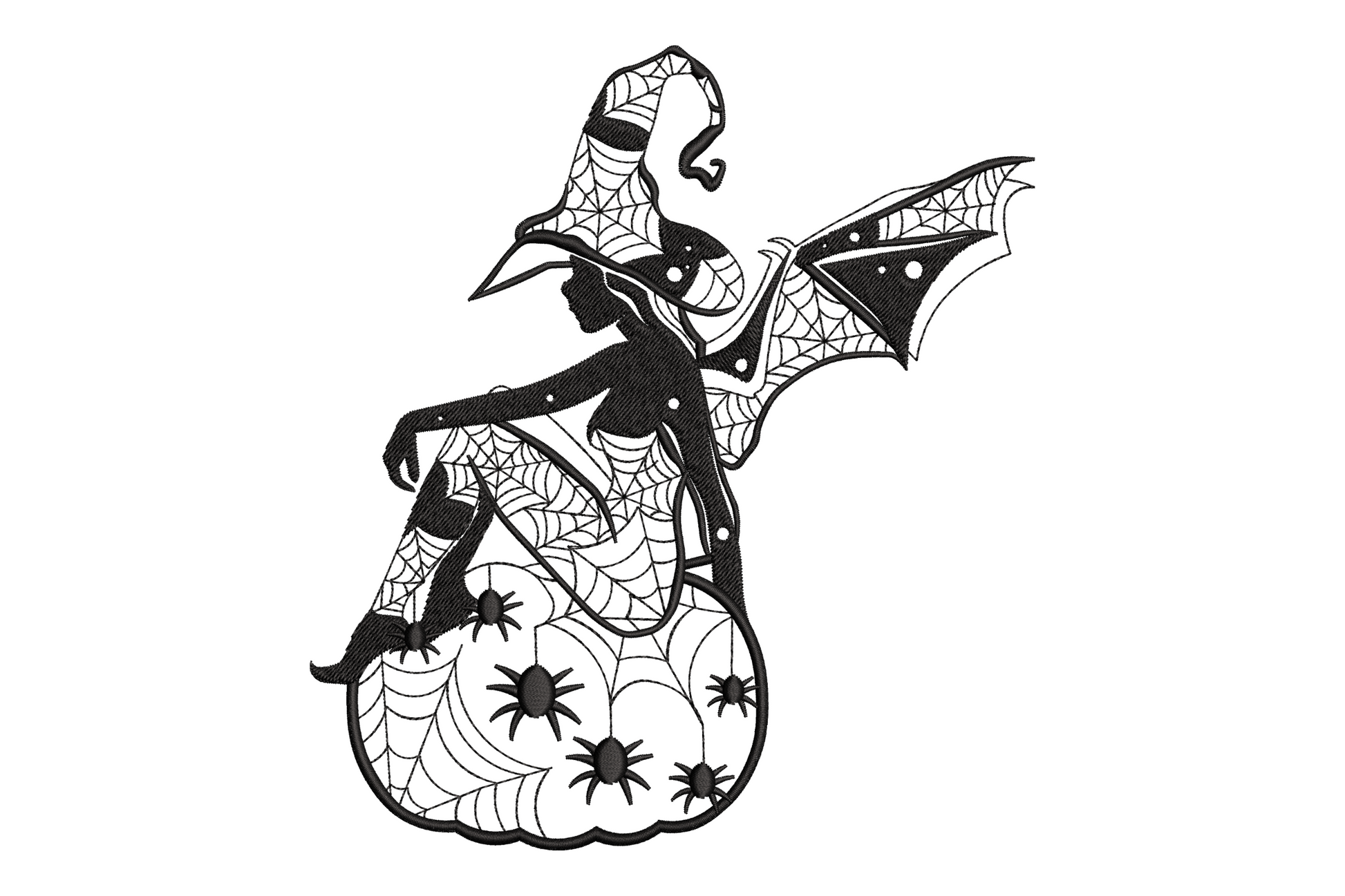 Spooky halloween witch silhouette with pointed hat, spider web and pumpkin in single black thread embroidery design, shown on white fabric background, 5 sizes from 3.5 to 7.5 inches