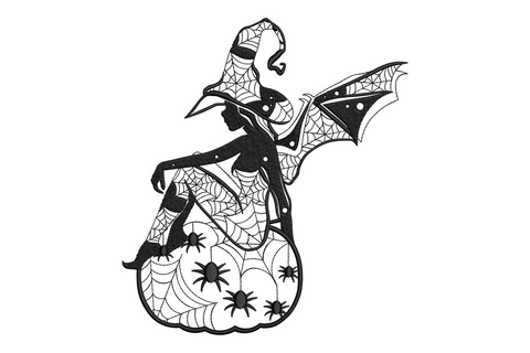 Spooky halloween witch silhouette with pointed hat, spider web and pumpkin in single black thread embroidery design, shown on white fabric background, 5 sizes from 3.5 to 7.5 inches