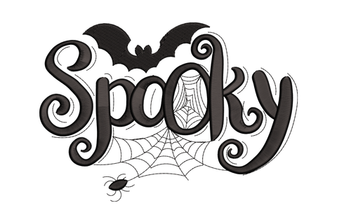 Spooky word art embroidery in gothic display lettering with spider web overlay, bat accent at top and hanging spider, single black colour.