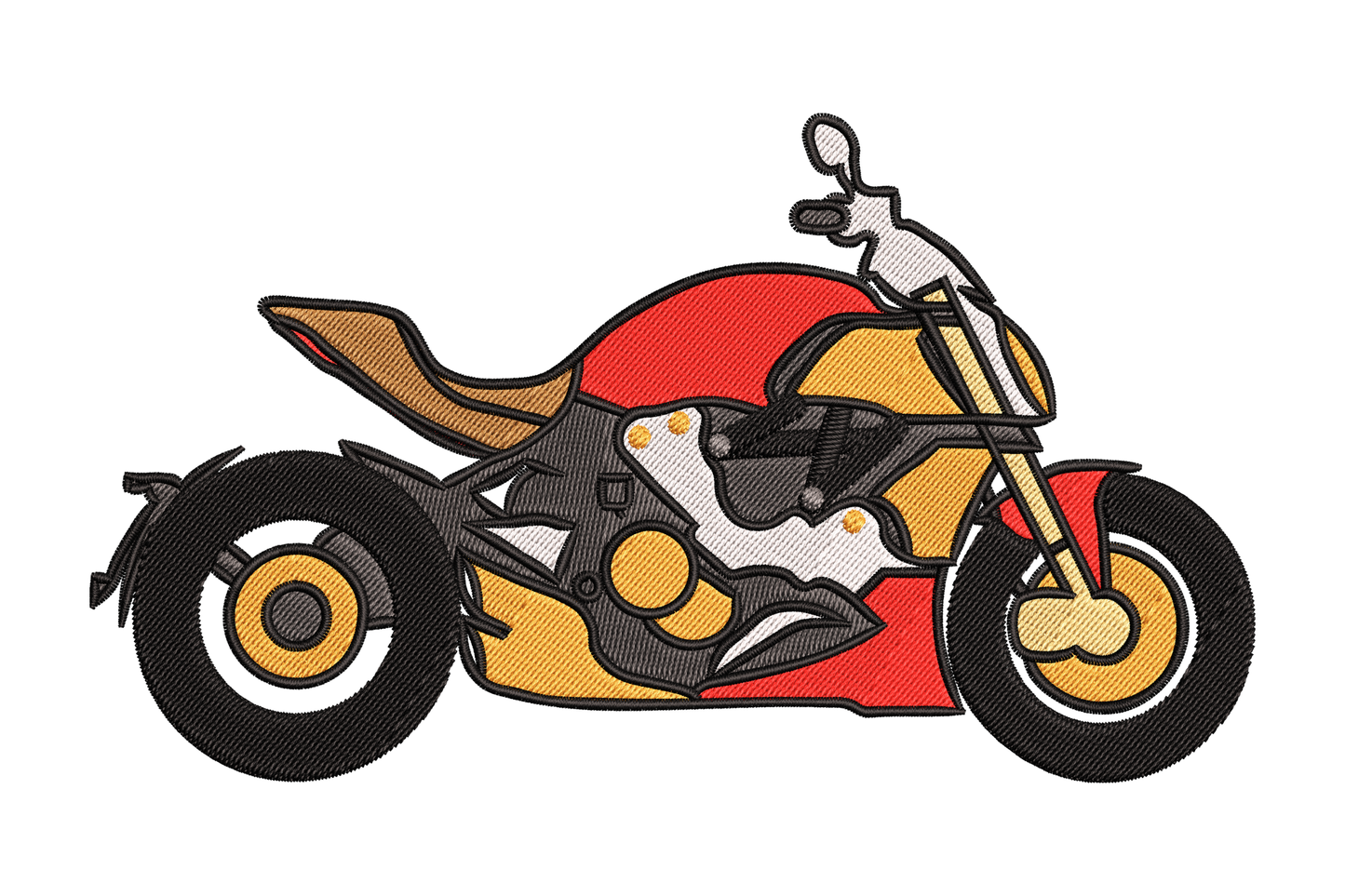Sport motorcycle embroidery design, aggressive naked sport bike in red gold and black, side profile view