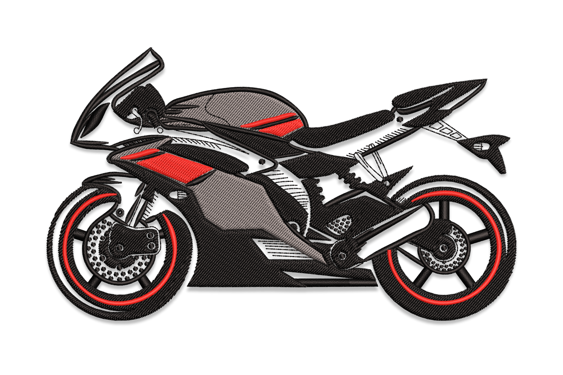 Sport motorcycle embroidery design, side-profile superbike with grey fairing, red accent stripes, black frame and spoke wheel with disc brake.