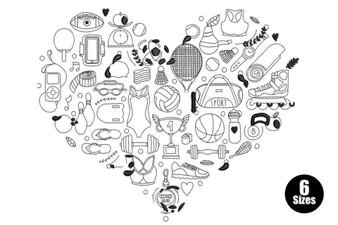Heart-shaped line art embroidery design filled with sports equipment icons including basketball, tennis racket, dumbbells, volleyball and over 30 other sports items.