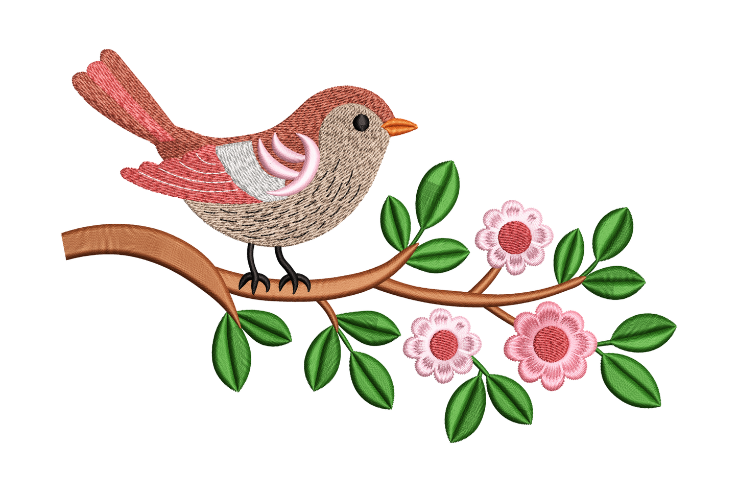 Illustration of a bird on a branch with flowers