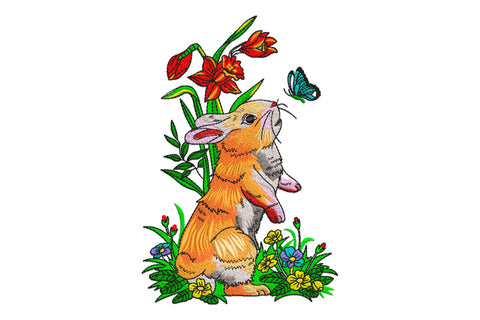 Spring bunny flowers embroidery, orange rabbit among red amaryllis blooms, yellow and purple wildflowers with blue butterfly.