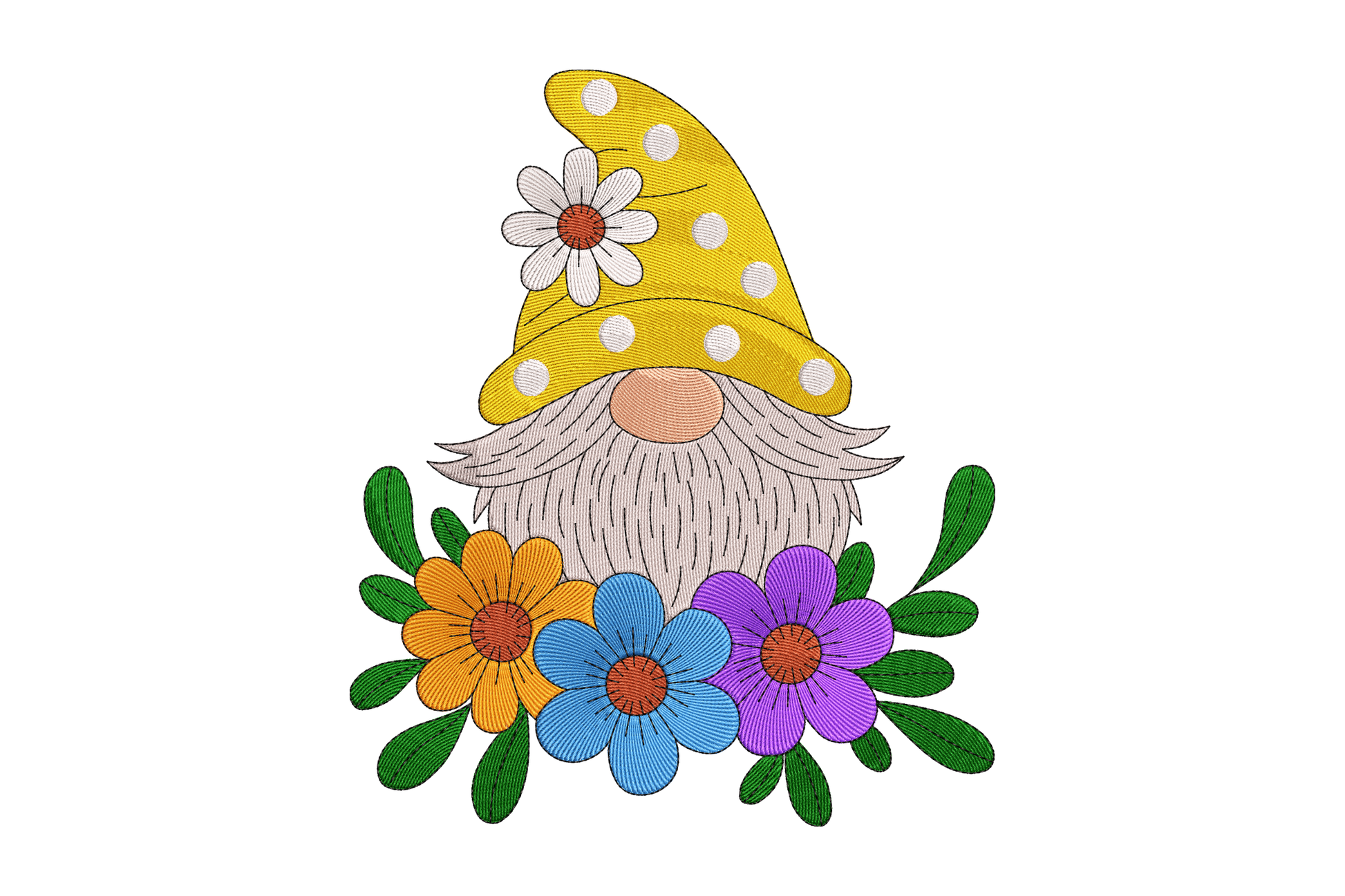Colorful garden gnome with flowers on a white background