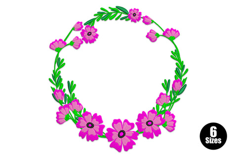 Spring flower circle wreath embroidery with hot pink five-petal blooms, buds and green leaves arranged as a round frame