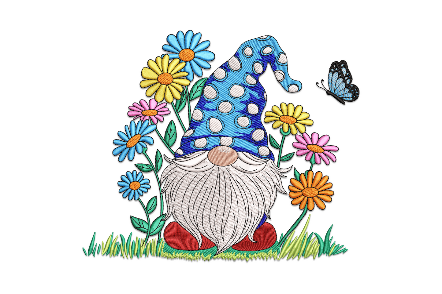 Whimsical spring gnome holding flowers, 11-colour machine embroidery design, 7 sizes from 4.5 to 7.5 inches wide