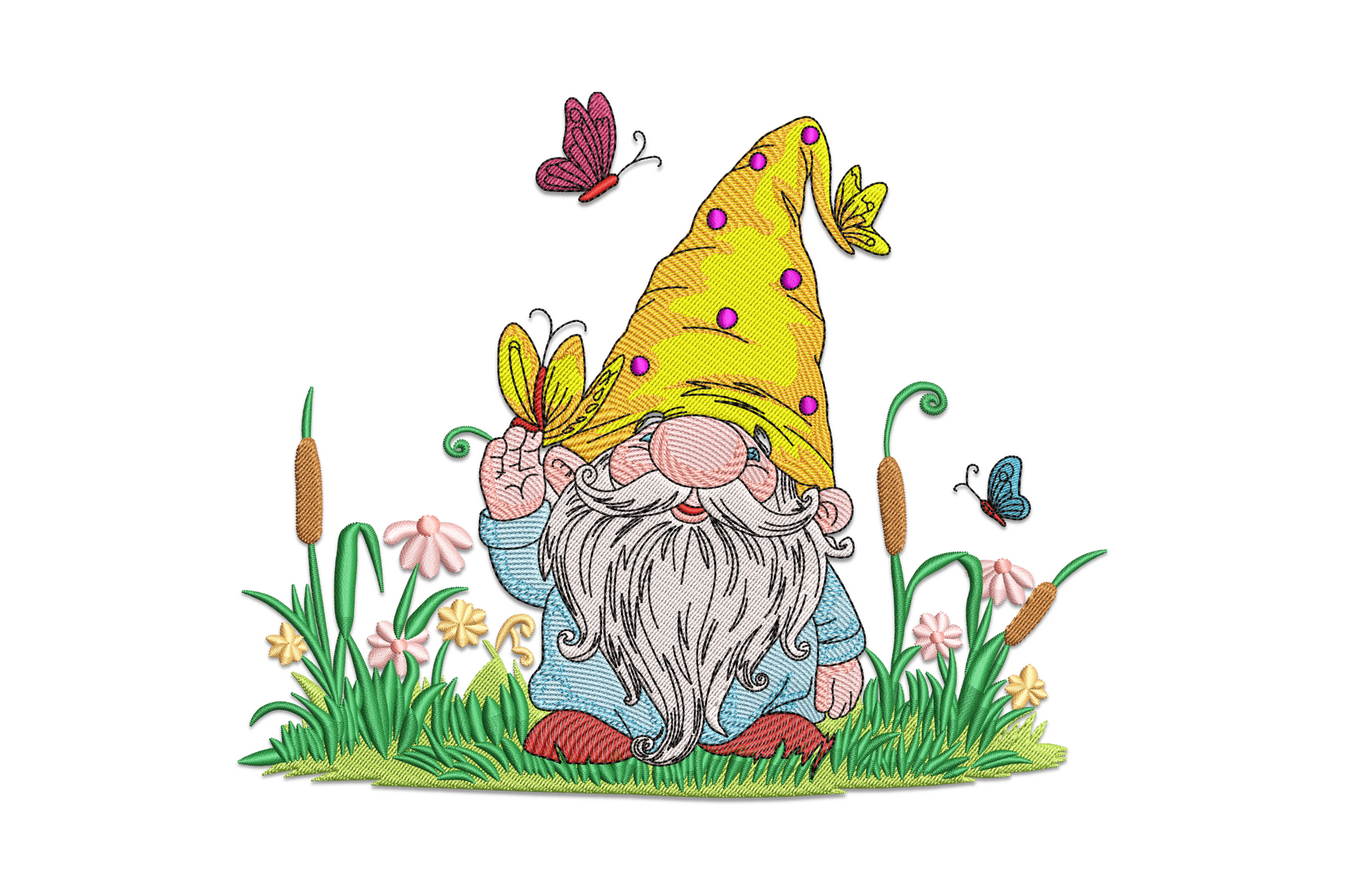 Machine embroidery design of a spring garden gnome with red pointed hat and grey beard surrounded by colourful spring flowers in 15 colours, whimsical cottage style