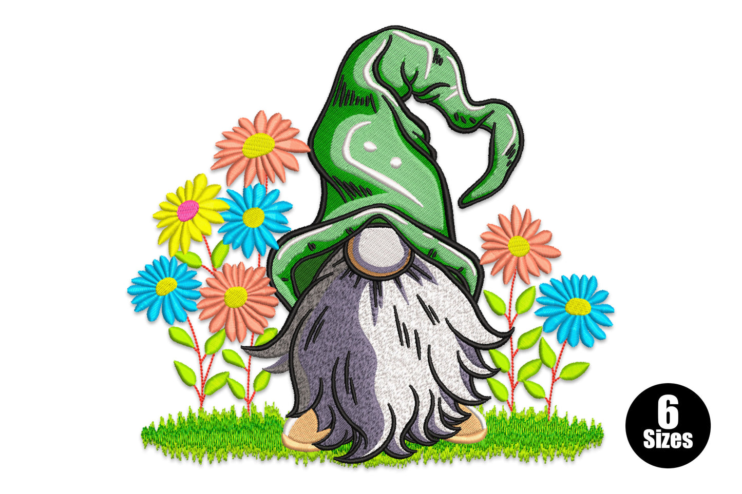 Spring gnome flowers embroidery design, green hat gnome with pink yellow teal daisies in garden scene, 6 sizes 3 to 8 inches