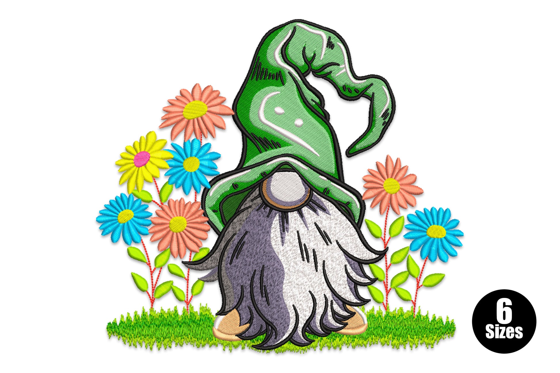 Spring gnome flowers embroidery design, green hat gnome with pink yellow teal daisies in garden scene, 6 sizes 3 to 8 inches