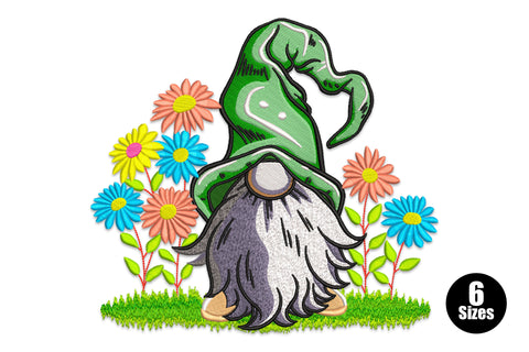 Spring gnome flowers embroidery design, green hat gnome with pink yellow teal daisies in garden scene, 6 sizes 3 to 8 inches