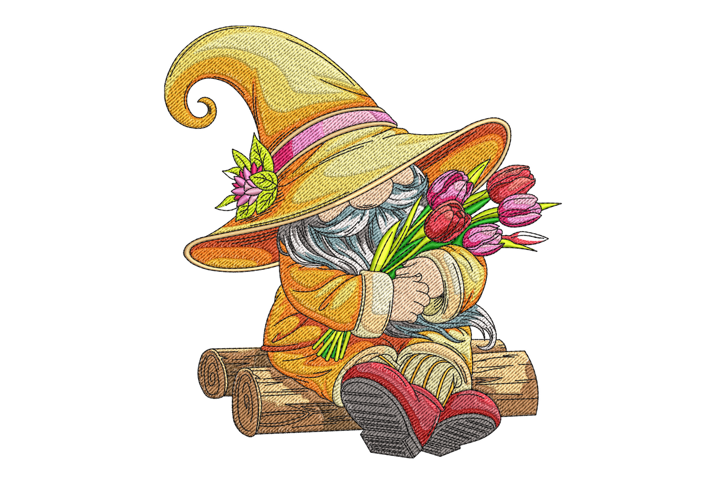 Spring gnome embroidery design with orange cloak, curling yellow hat, pink ribbon and bunch of pink and red tulips, seated on a log pile.