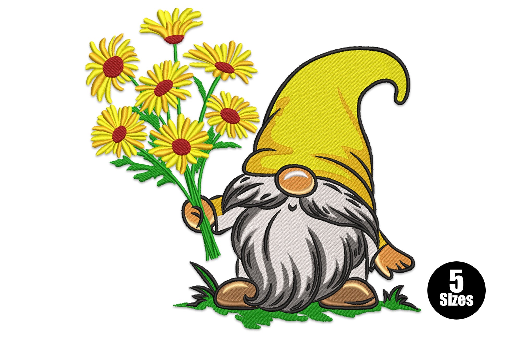 Spring gnome embroidery holding yellow daisy bouquet, pointed yellow hat, grey beard, brown boots, green grass, 5 sizes 4-8 inch