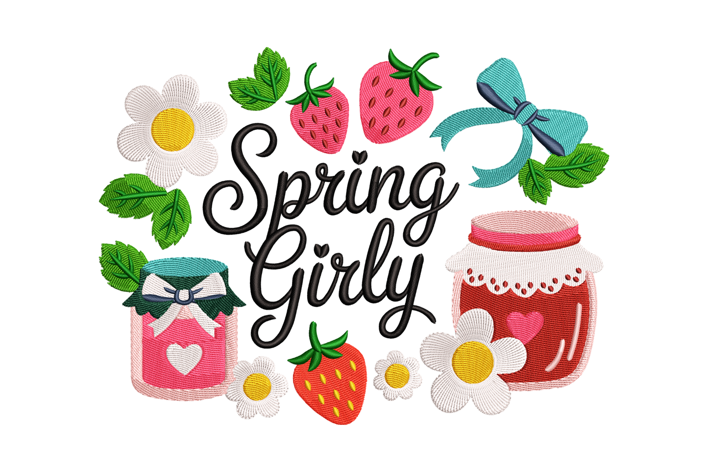 Decorative patch with 'Spring Girly' text surrounded by flowers, strawberries, and jars on a white background.