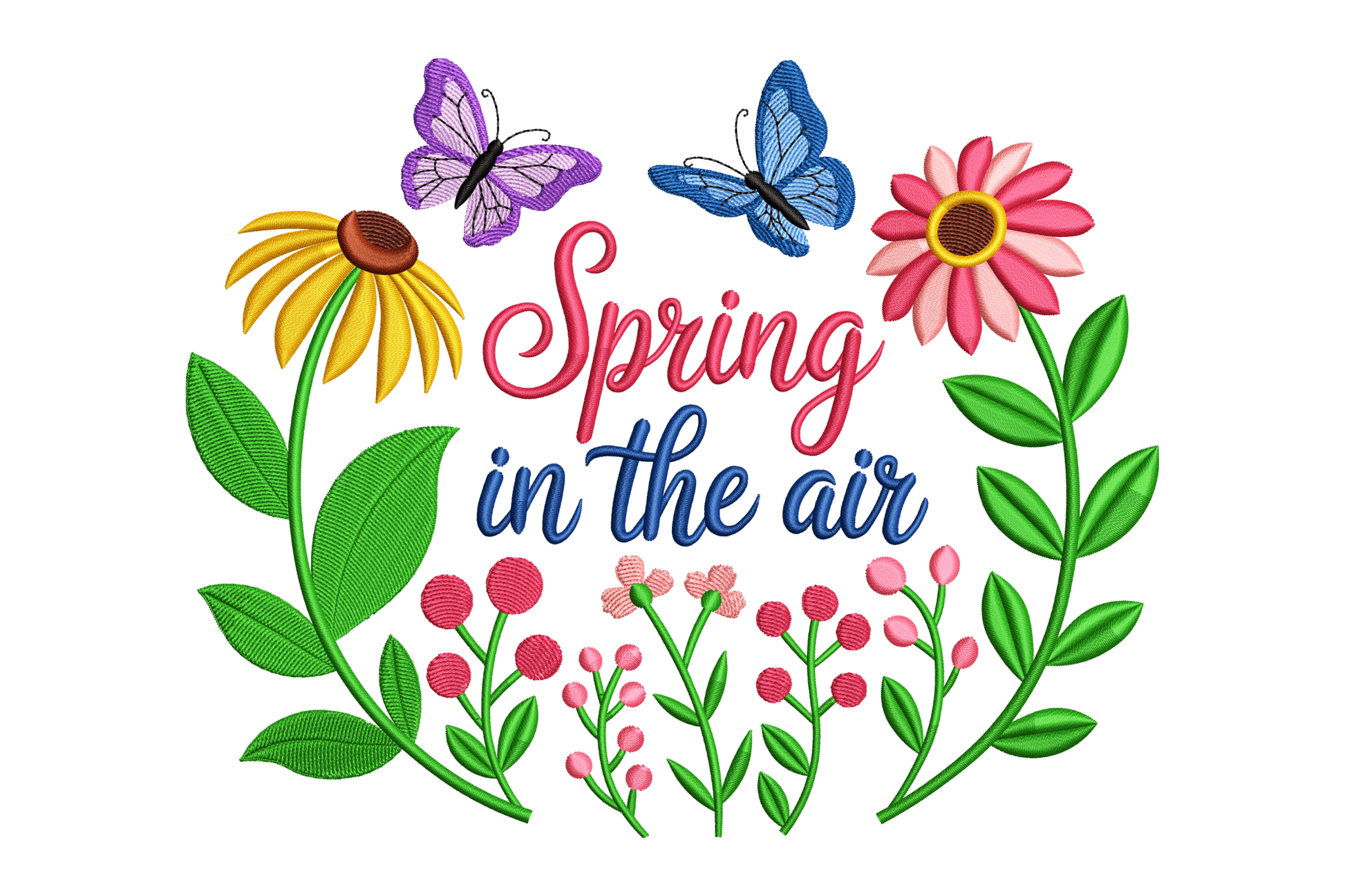 Spring-themed design with flowers, butterflies, and 'Spring in the air' text on a white background.
