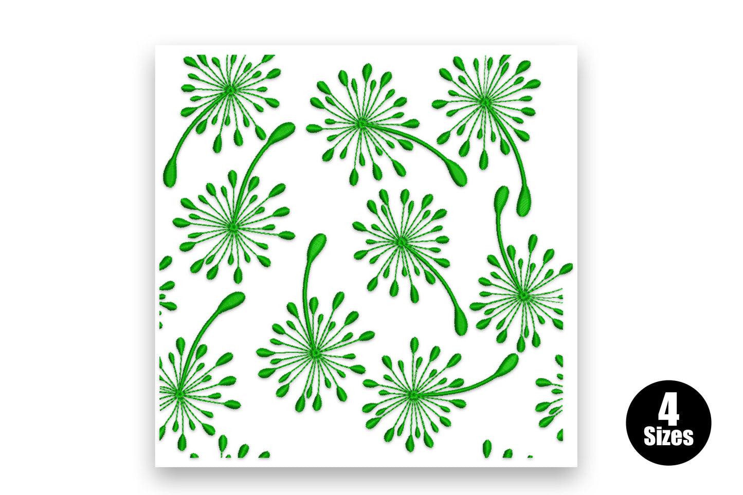 St. Patrick's Day floral burst clover embroidery design with a dense field of dandelion-style dark green burst flowers on sweeping stems.