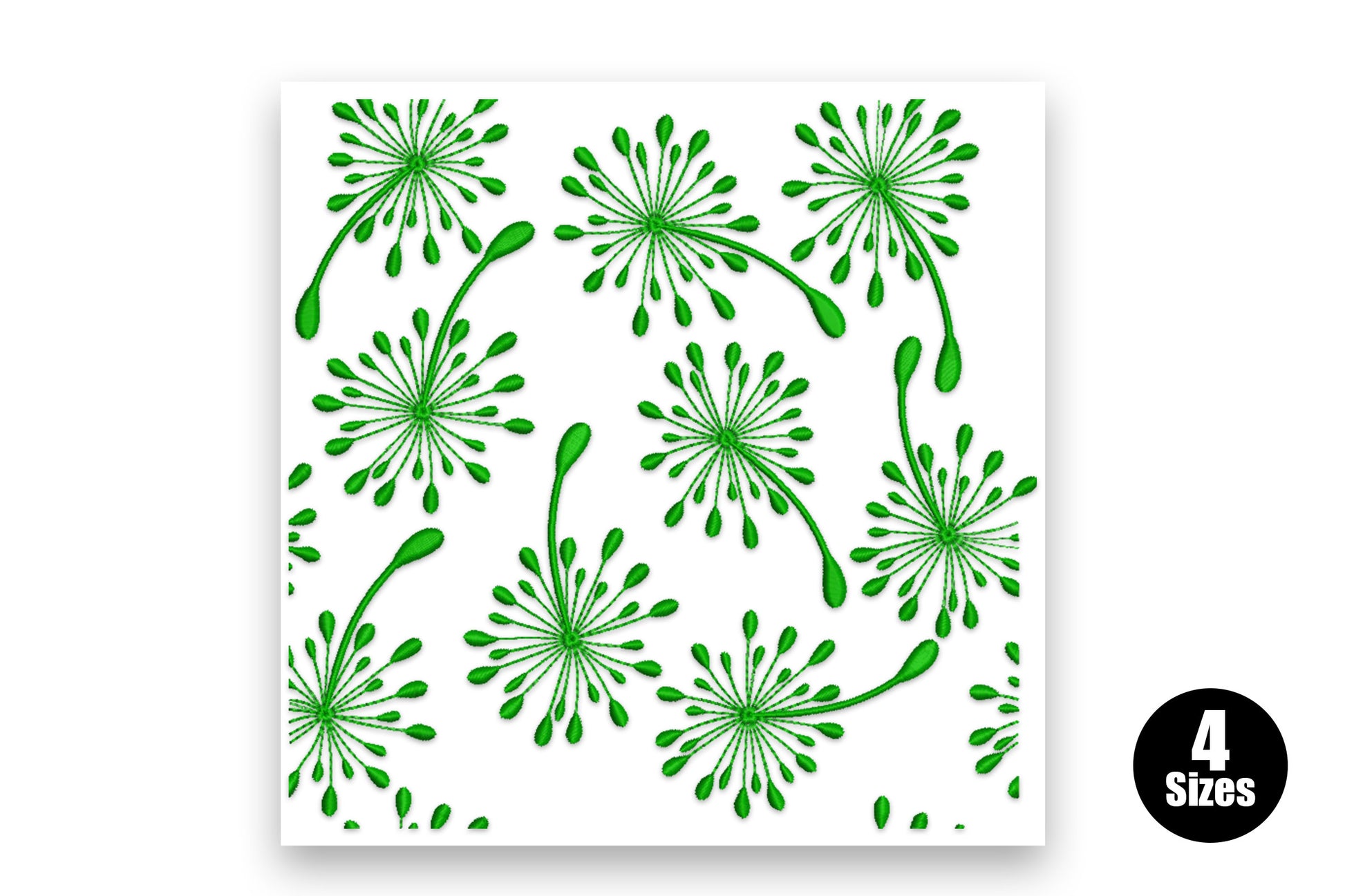 St. Patrick's Day floral burst clover embroidery design with a dense field of dandelion-style dark green burst flowers on sweeping stems.