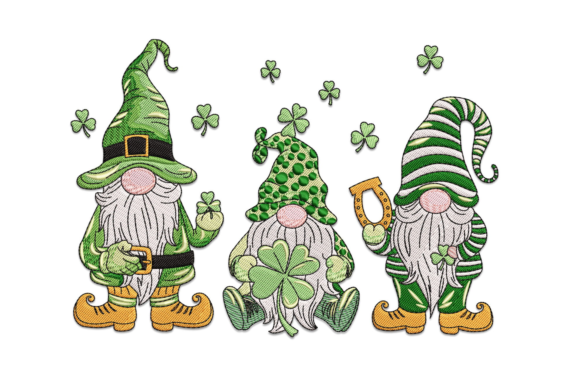 Three St. Patrick's Day gnomes with green hats, white beards, and holiday props in 9 colour embroidery