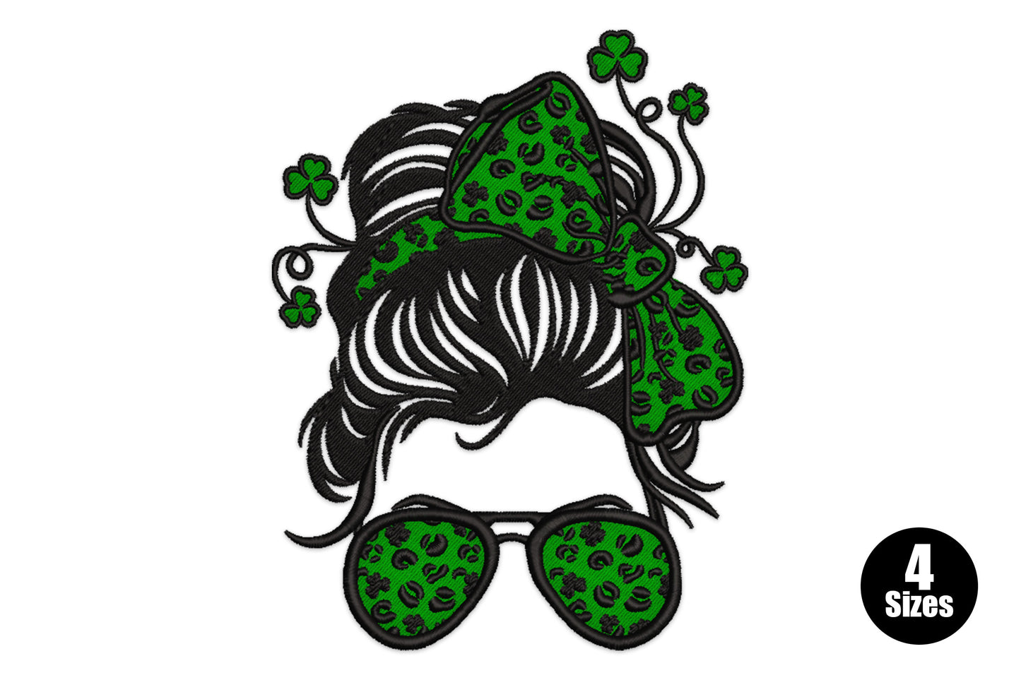 St. Patrick's Day messy bun embroidery design with leopard-print shamrock bow and round sunglasses in dark green and black.