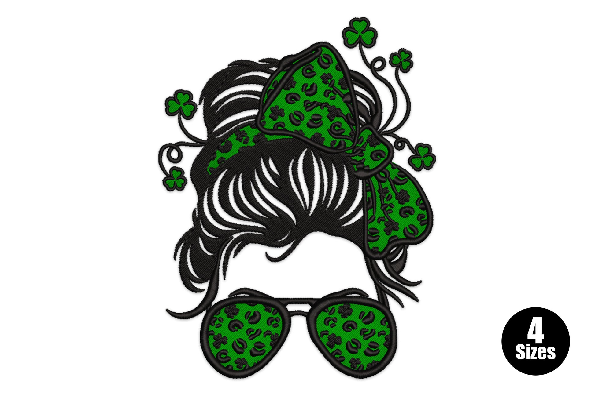 St. Patrick's Day messy bun embroidery design with leopard-print shamrock bow and round sunglasses in dark green and black.