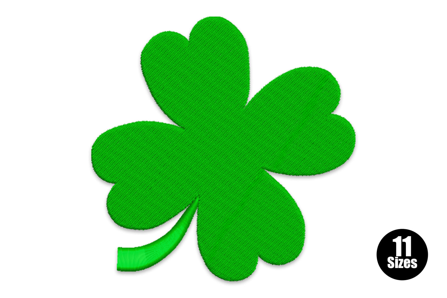 St Patricks Day shamrock embroidery design, classic three-leaf clover in 4 green thread colours, 11 sizes from tiny to large