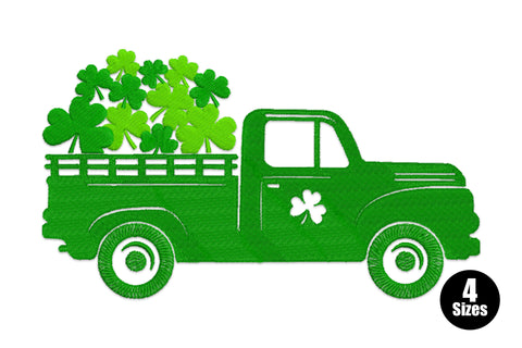 St. Patricks Day shamrock truck embroidery design, vintage flatbed loaded with shamrocks, door shamrock emblem, three shades of green.