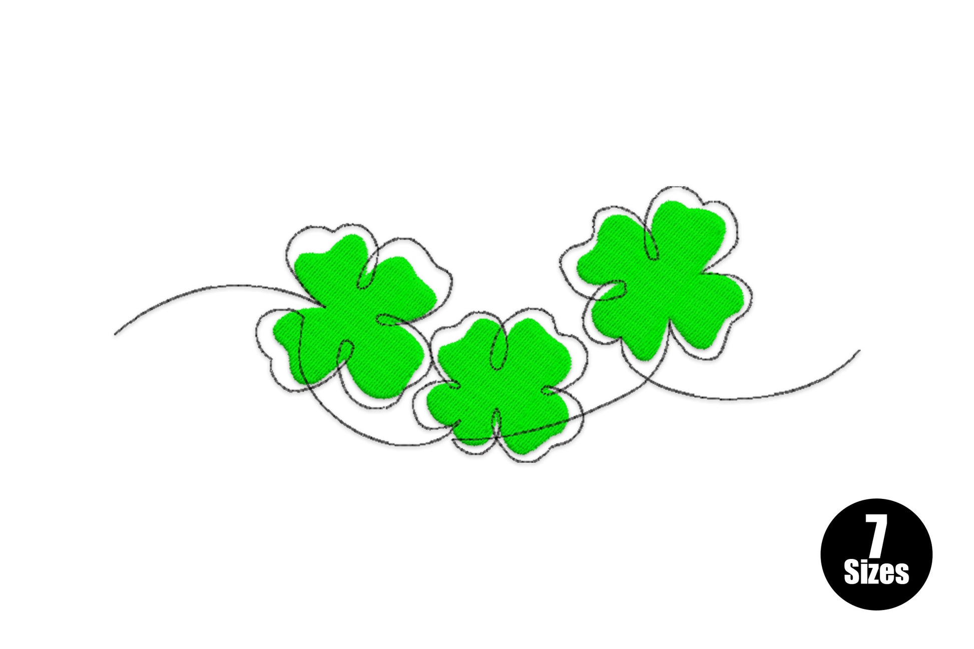 St. Patrick's Day triple shamrock embroidery design with three bright green four-leaf clovers in a cluster with black outlines.