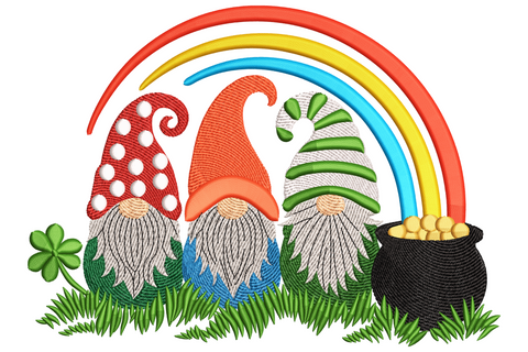 Three st patricks day gnomes with grey beards under rainbow arch with black pot of gold and shamrock embroidery design