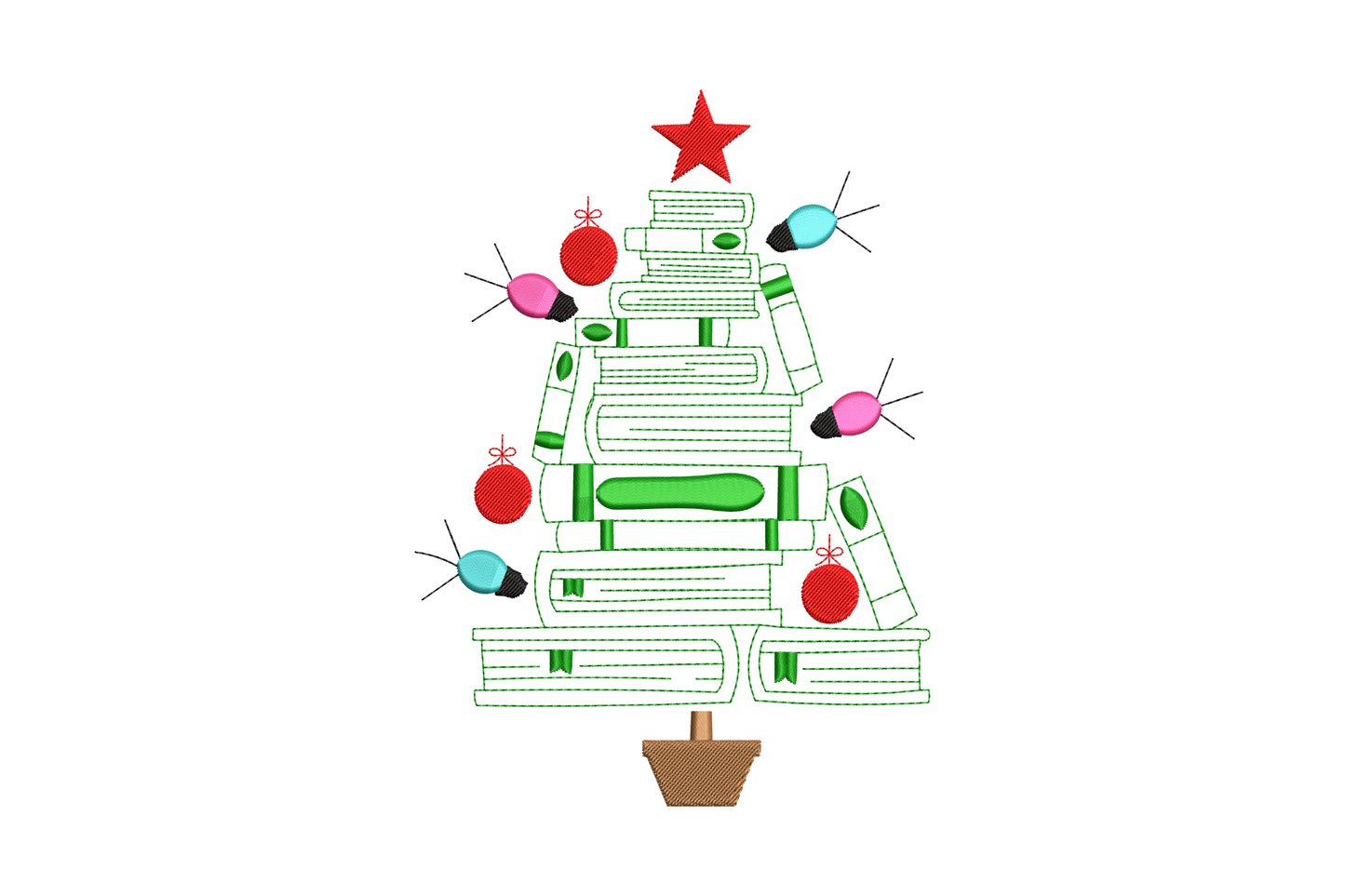 Stacked book Christmas tree embroidery design, books piled in tree shape with star topper, each book a different colour, 6 colours, 5 sizes
