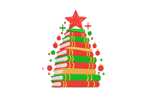 Stacked books as Christmas tree embroidery, red star topper, orange green red striped spines, round bauble ornaments, bookish festive design.