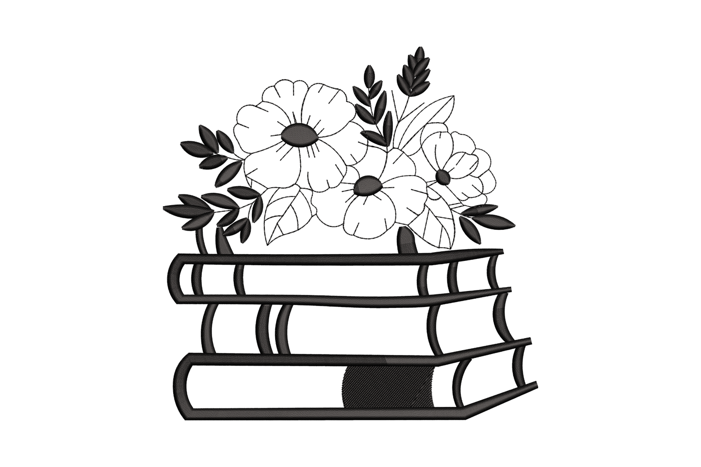 Three stacked books with poppy and anemone floral arrangement, single colour machine embroidery design, 5 sizes