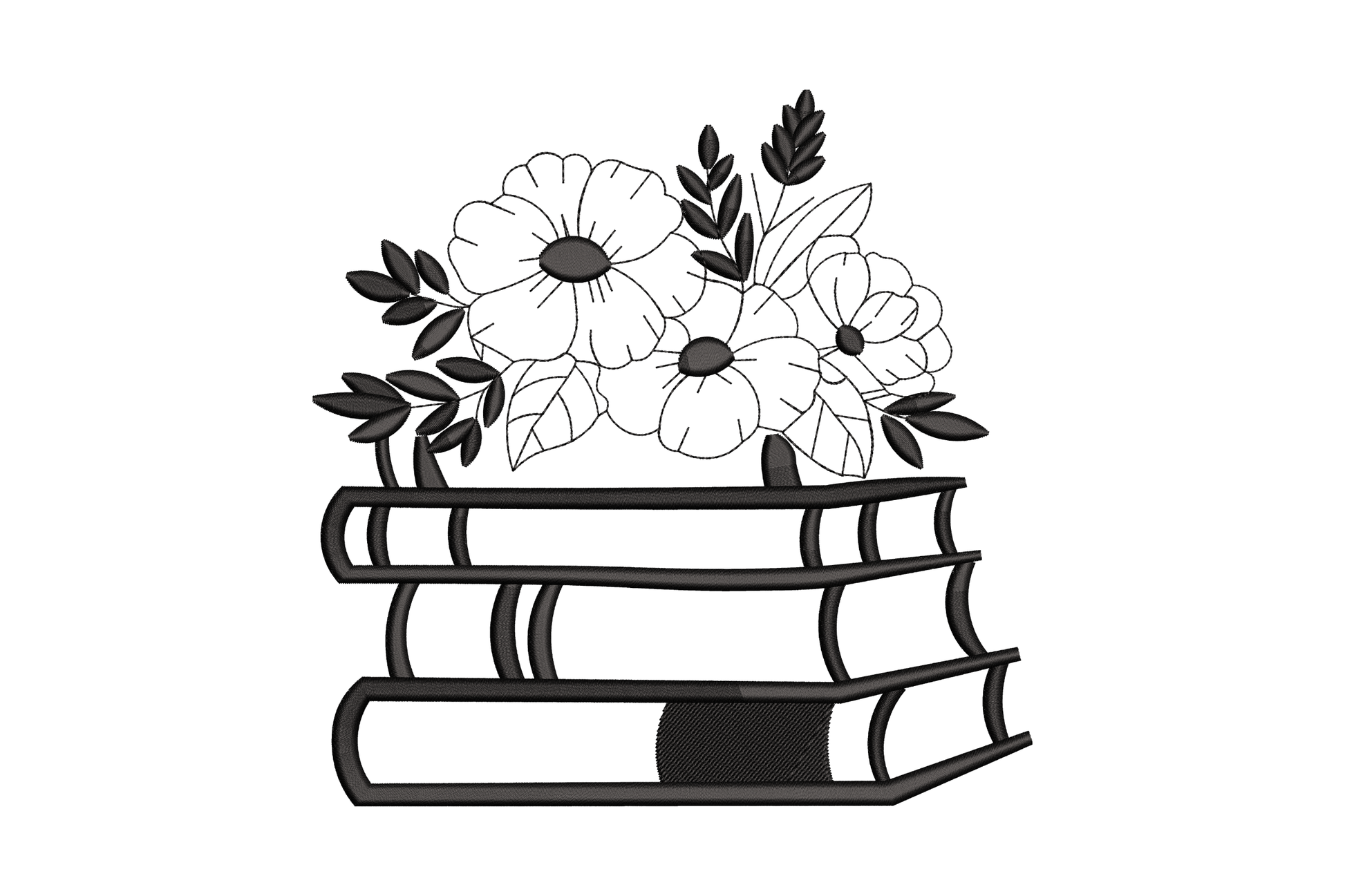 Three stacked books with poppy and anemone floral arrangement, single colour machine embroidery design, 5 sizes