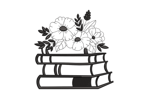 Three stacked books with poppy and anemone floral arrangement, single colour machine embroidery design, 5 sizes